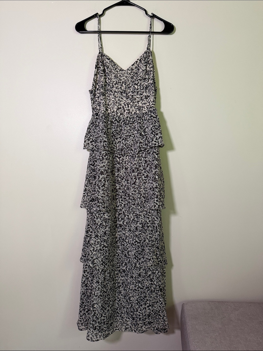 Aqua Black & White Floral Tiered Spaghetti-Strap Maxi Dress